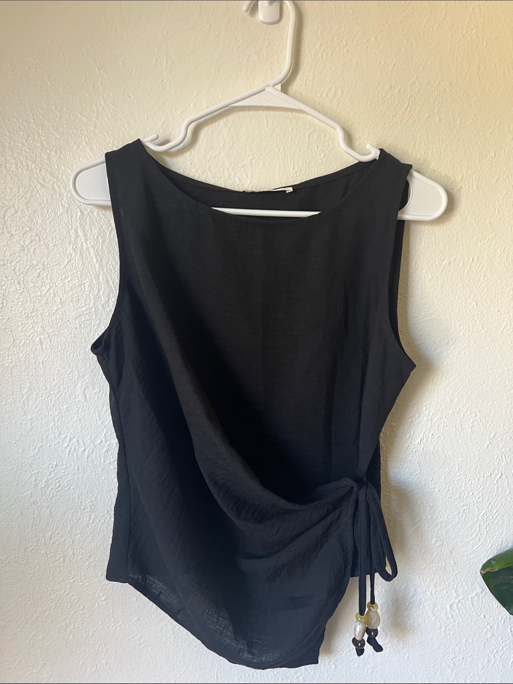 ACTIVE USA Black Side Tie Tank Blouse. Beaded Ties. Dressy or Casual summer Top.